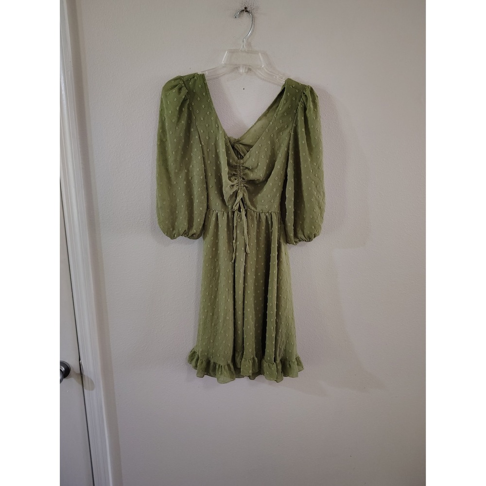 Exlura Green Swiss Dot Puff Sleeve Mini Dress Cutout Back Smocked Waist Small